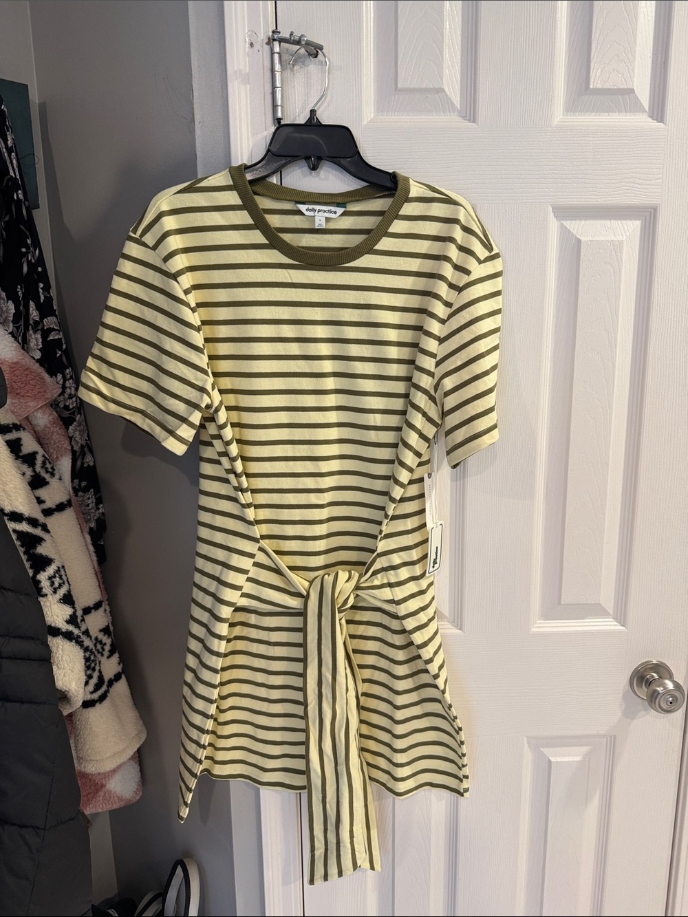 Striped Tie-Waist Mini Dress in Olive and light yellow